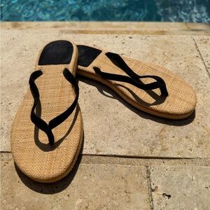 Coach Woven Straw Sandal Flip-Flops with Black Straps